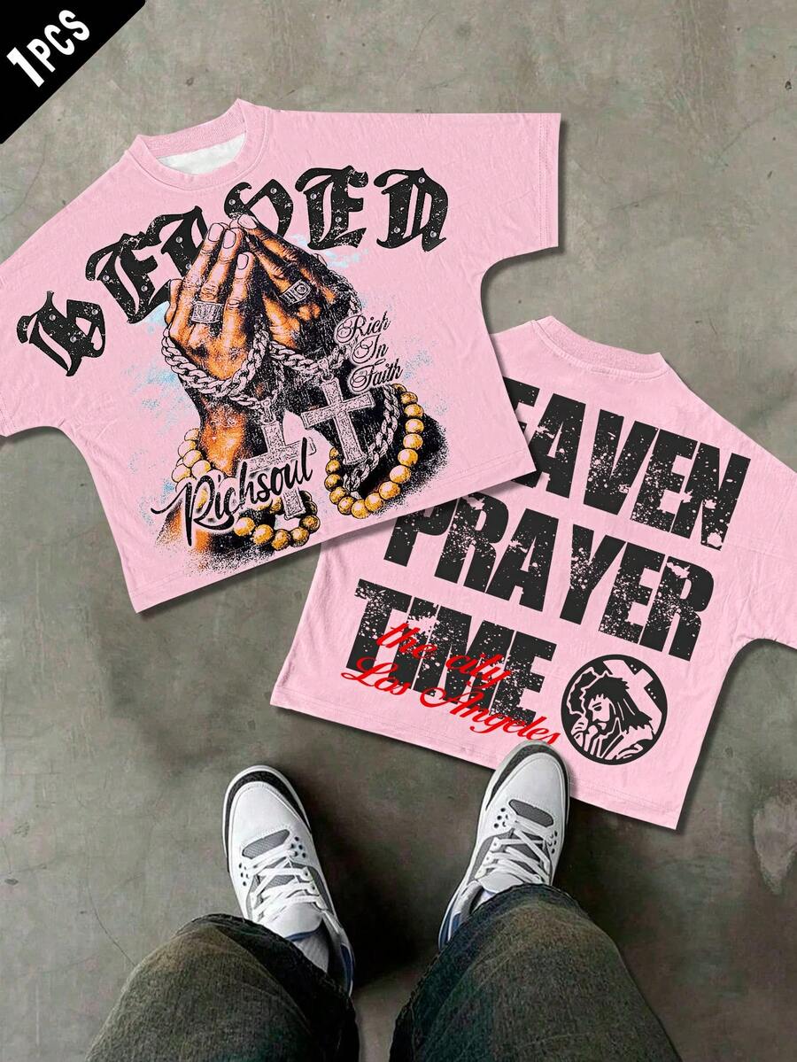 Manfinity Roghcode Kaos Pria Ukuran Besar Motif Kartun Warna Pink dan Putih, Streetwear Musim Panas, Gaya Santai di Kota, Leher Bulat, Lengan Pendek, Modis Gaya Kampus Y2K - MultiWarna - View 1