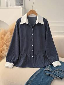 SHEIN CURVE+ 大码女装 大码蓝色条纹大码蓝色衬衫 百搭日常衬衫/2026/新年 - 藍白色 - 查看 3