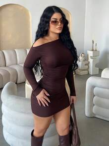 Dayanna Comas 长袖不对称褶饰修身休闲连衣裙，春秋装，棕色 - 咖啡棕 - 查看 3