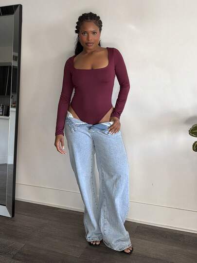 Tyla Gomez 女士长袖紧身衣，棕色，修身剪裁，简约百搭，通勤适用