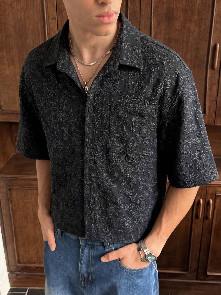 SWAVVY Men's Fashionable Jacquard Short Sleeve Shirt, Spring/Summer - Black - View 1