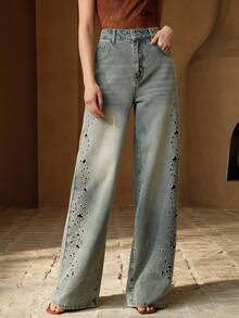 Anewsta Women's Fashionable Sexy Hollow-Out Embroidered Mother's Day Blue Straight-Leg Jeans, Spring/Summer - Blue - View 8