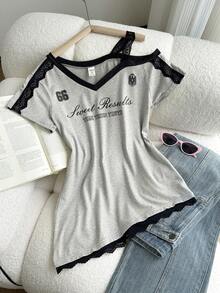 ChillGRL 1 chiếc áo thun kiểu dáng Sweet & American Style ôm sát, phối màu hoa văn tương phản, viền ren, thích hợp cho mùa hè. - Xám - Xem 5