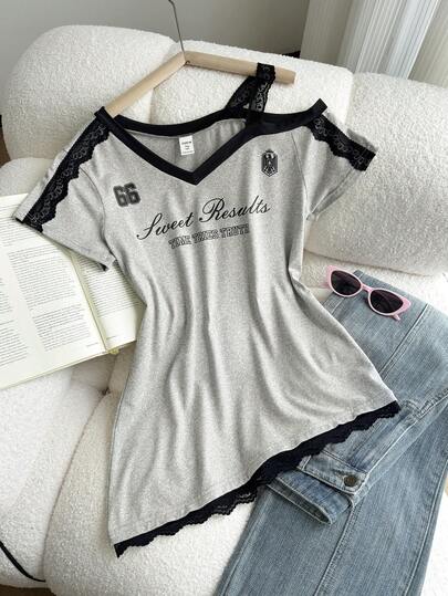 ChillGRL 1pc Sweet & Sexy American Style Fitted Patchwork Contrast Color Floral Print T-Shirt With Lace Trim, Summer