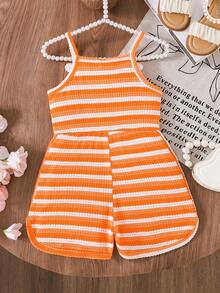 SHEIN Elladie kids 女童夏季新款简约橙白条纹拼接连体裤，花卉装饰休闲运动风连体衣 - 橘色 - 查看 2