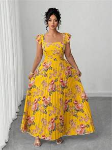 Elenzga Plus Size Women's Vintage French Style Versatile Vacation Date Ruched Waist Slimming Floral Print Ruffle Sleeve Square Neck Maxi Dress - Yellow - View 4