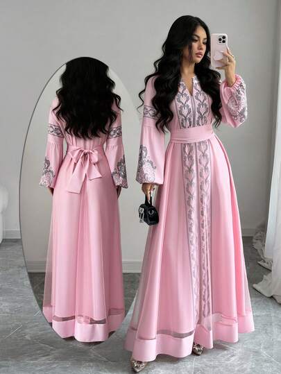 Elenzga Đầm dạ hội thanh lịch mùa Thu/Đông mới dành cho nữ, thích hợp cho Giáng sinh/Halloween/Lễ Tạ ơn/Năm mới, kiểu dáng sang trọng, tay phồng phối lưới, cổ chữ V thắt eo in họa tiết Peris, đầm dự tiệc cưới/lễ tốt nghiệp in hoa trắng.