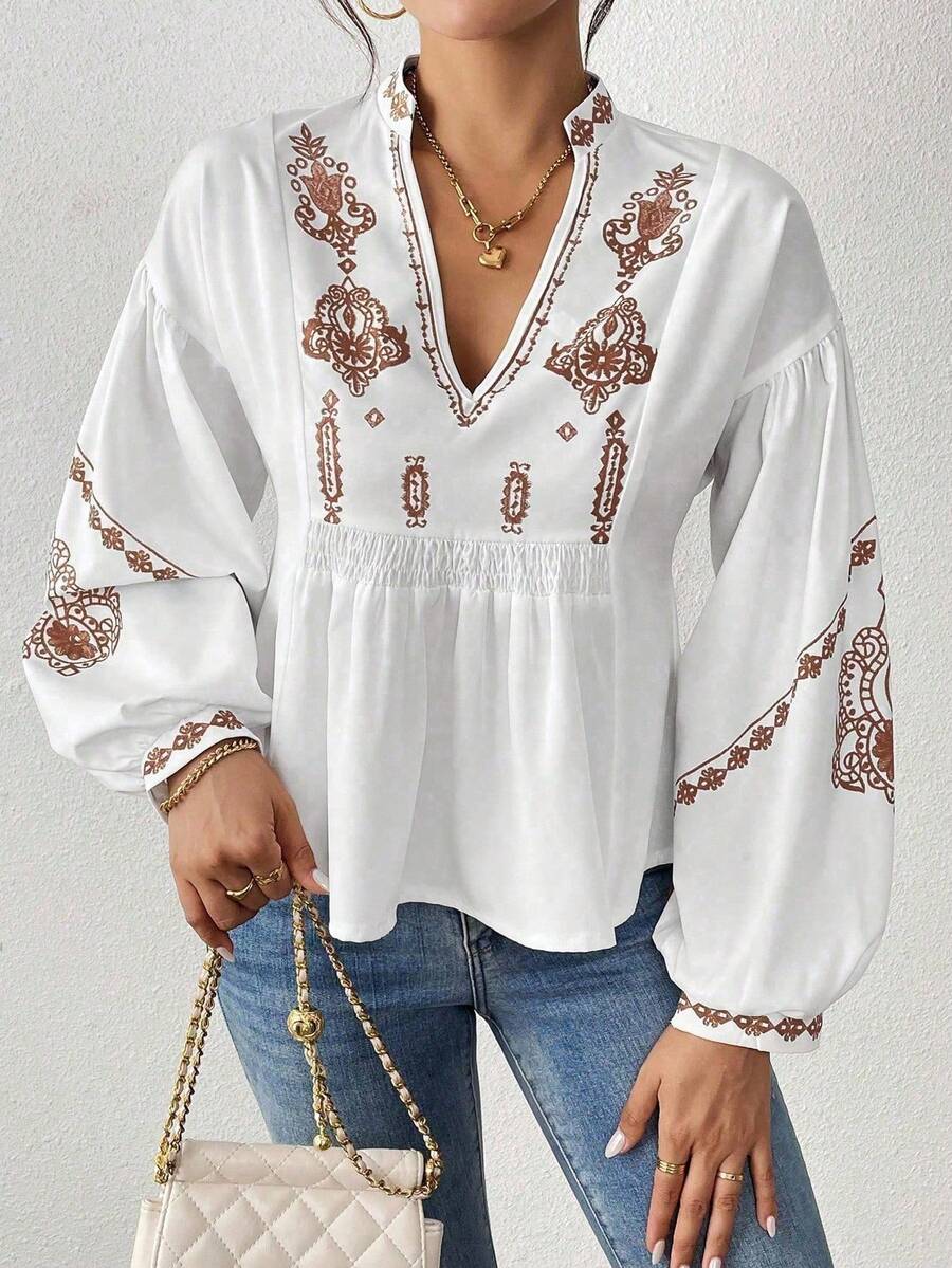 SHEIN LUNE Women's Shirred Graphic Print Long Sleeve Button Shirt Peplum Top - Khaki - View 1
