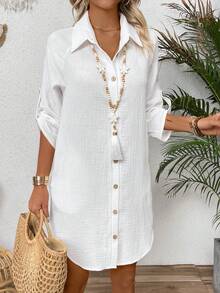 Zayélia 純色紋理扣前襯衫裙 - 白色 - 查看 8