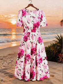 Ellevyn A-Line Waist Cinched Romantic Floral Print Dress  Summer Vacation Outfits Women Going Out Outfits - Coral Pink - View 2