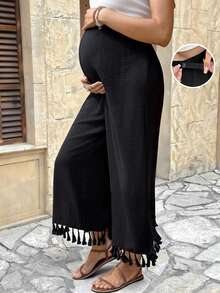 SHEIN Maternity Casual Fringe Hem Pants - Black - View 10