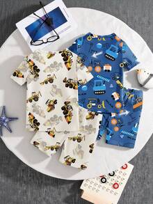 4pcs Baby Boys' Cute Cartoon Car & Excavator Print Knit Snug Fit Pajamas Round Neck Short Sleeve Shorts 4-Piece Pajama Set, Spring/Summer - Multicolor - View 2