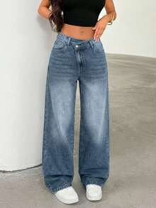 SHEIN PETITE Women's Thick Denim Wide Leg Pants With Oblique Placket, Blue - Medium Wash - View 4