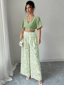 Breezaya 2 件套女士 V 领短袖纽扣上衣和高腰阔腿裤两件套，夏季 - 綠色 - 查看 4