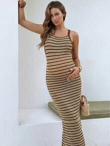 SHEIN Striped Long Maternity Dress With Open Back And Criss-Cross Straps, Summer Dresses For Women,Summer Outfits,Vacation Outfits Women - Multicolor - View 1