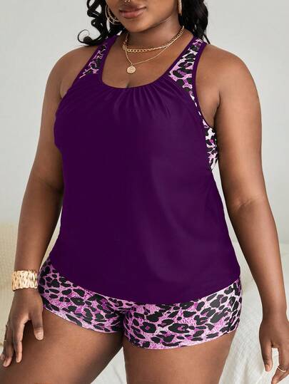 Swim Lushoire 2025 Plus Size Leopard Print Tankini Swimsuit Set