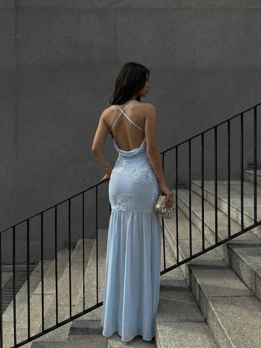 Firerie Đầm maxi nữ màu xanh nhạt mới, cổ chữ V sâu, lưng chéo, thêu hoa, chất liệu chiffon, thanh lịch, thích hợp đi làm, hẹn hò, dự tiệc, lễ hội âm nhạc, đám cưới, lễ tốt nghiệp, dạ hội.