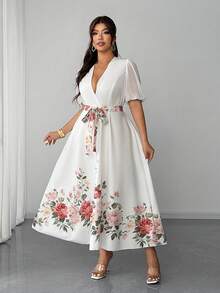 Elenzga Vestido corto/largo elegante y romántico con estampado floral, cuello en V y mangas abullonadas de gasa para mujer talla grande, primavera/verano - Multicolor - Ver 3