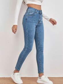 Breezaya High Waist Slant Pocket Skinny Black Jeans - Medium Wash - View 4