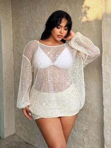 Rustia Top ample pour femmes grande taille, style français minimaliste élégant et décontracté, en maille transparente avec sequins et perles. Convient pour les vacances et la plage. - Nude - Voir 6
