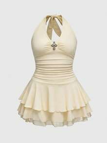 ROMWE J-Fashion 大码女式朋克风十字装饰多层迷你吊带连衣裙 - 米色 - 查看 1
