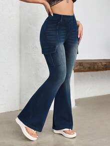 Flexra 女士高腰工装口袋喇叭裤 - 藍色 - 查看 3