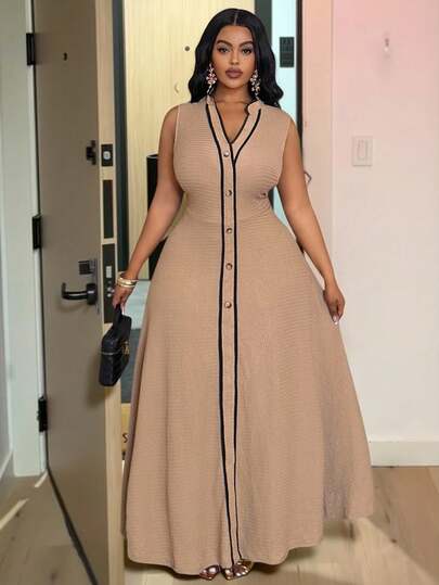 Veslaya 2026春夏新款大码女装，适合音乐节、复活节、西部风、游牧风、生日派对、毕业典礼、学院风、学生日常穿着，百搭基础款，休闲假日外出、优雅派对、舞会等场合，高端优雅卡其色与黑色撞色滚边V领A字长裙，无袖