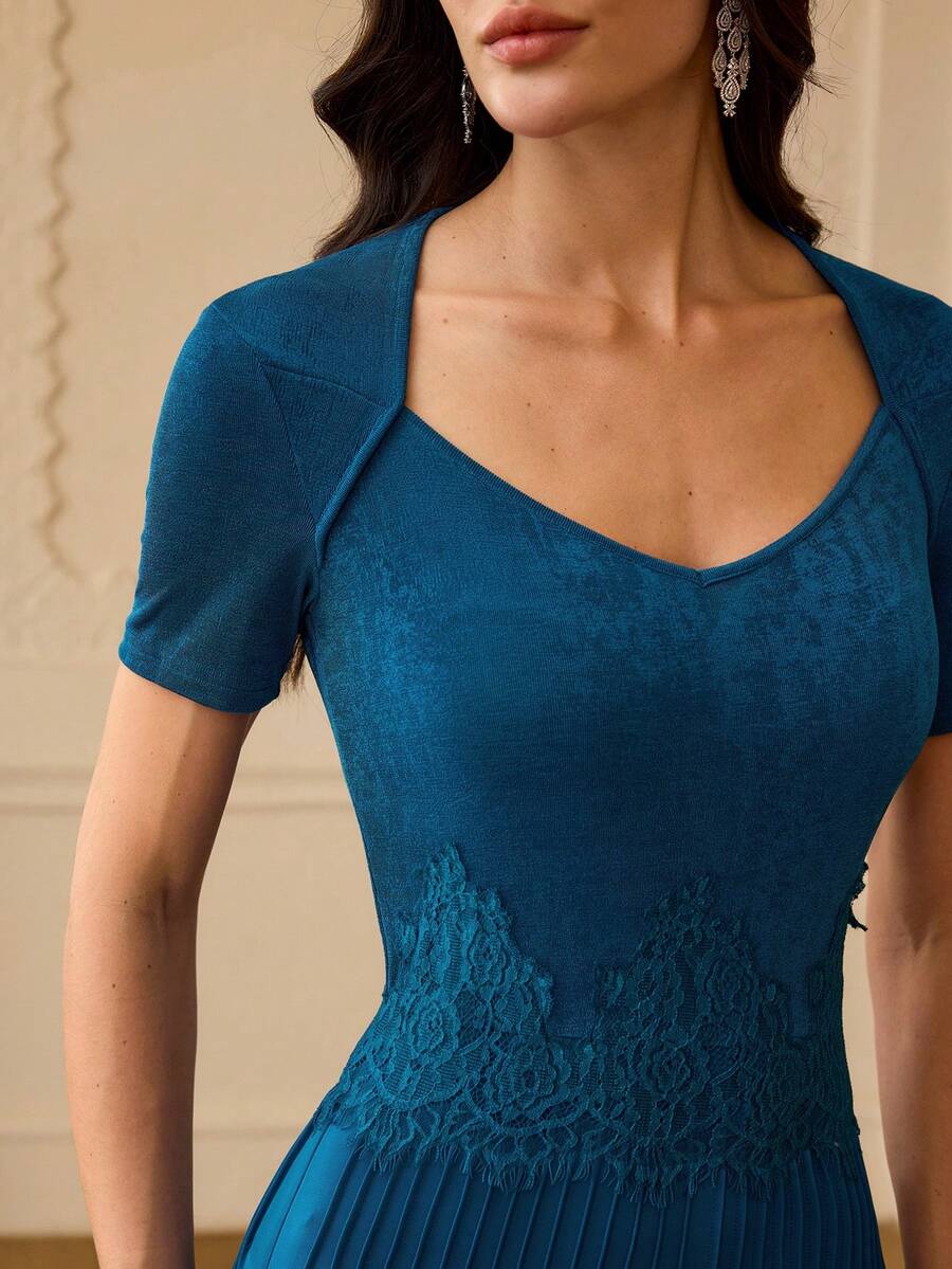 ZEYLAH Knit Satin Lace Patchwork A-Line Dress, Spring/Summer - Teal Blue - View 1