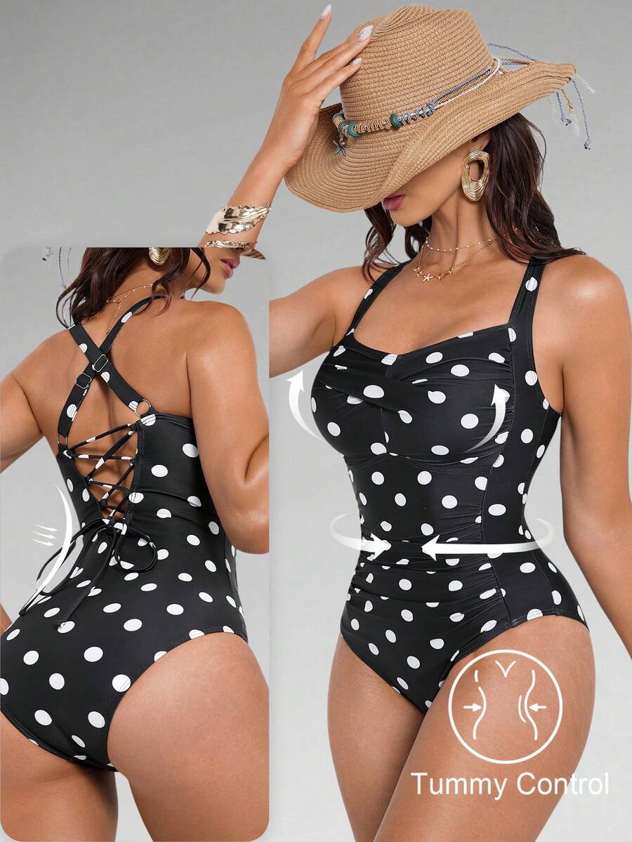 Shapewave Women's Summer Vacation Beach Polka Dot Print One-Piece Swimsuit Polka Dot Swimsuit One Piece Bathing Suits For Women Polka Dot Women's Swimsuits Women's Bathing Suit Full Coverage Women Swim Suit Set - Black and White - View 1