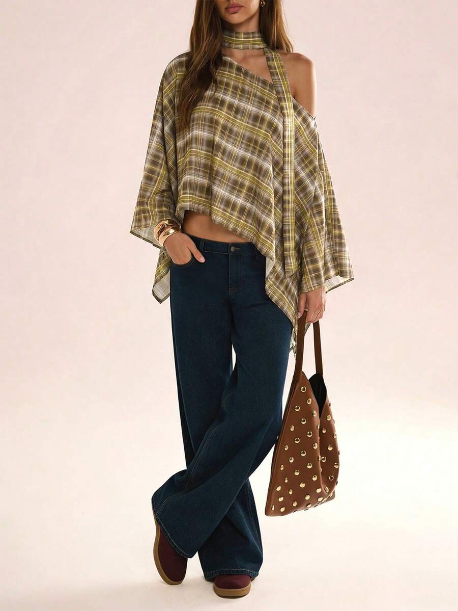 Plaid Asymmetric Scarf Design Tie Shirt - Multicolor - View 1