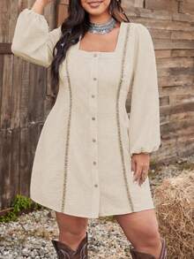 Ceyna Plus Size Square Neck Front Button Woven Tape Patchwork Long Sleeve Dress - Apricot - View 3