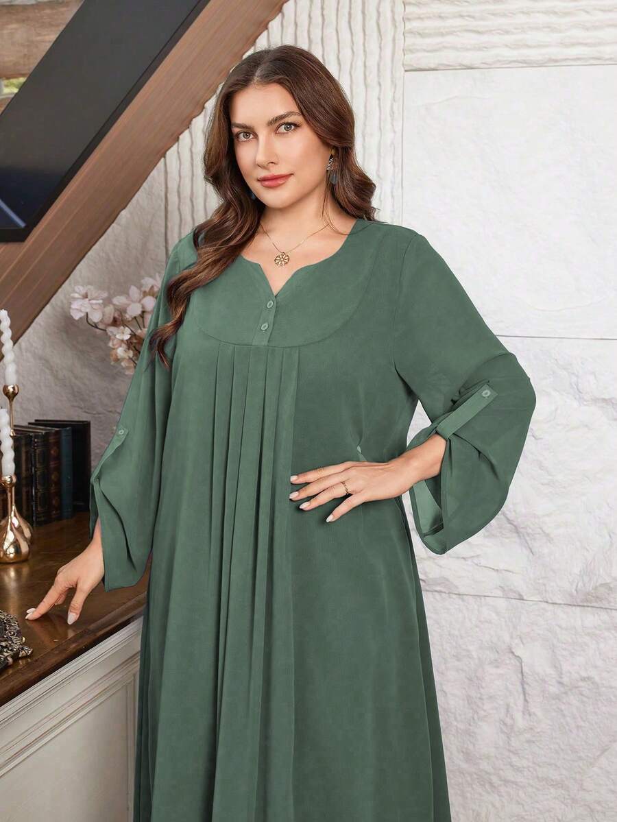 Lacomfia Women's Loose Pleated Long Sleeve Elegant Comfortable Minimalist Plus Size Dress - Green - View 1