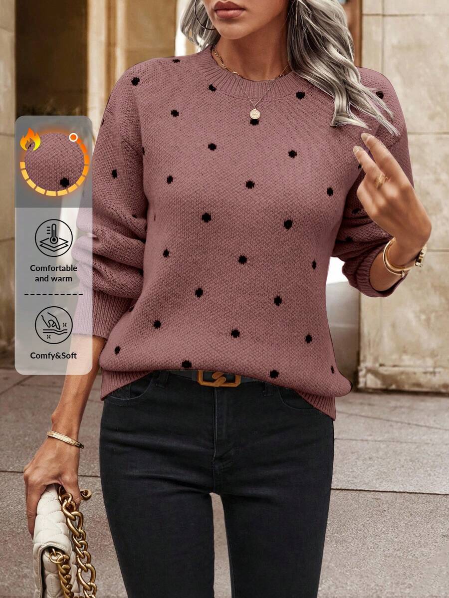EURMUSE Women's Polka Dot Pattern Round Neck Drop Shoulder Long Sleeve Casual Loose Sweater,Jumper,Cream Jumper,Jumpers,Black Jumper,Women's Jumper,White Jumper,Women's Jumper,Women's Jumpers,Winter Clothes - Dusty Pink - View 1