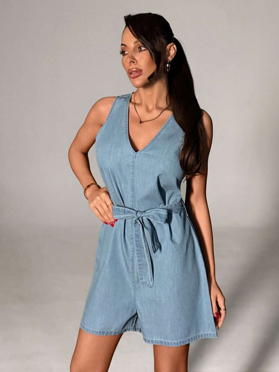 SHEIN V-Neck, Sleeveless Light Blue, Washed Denim Short Jumpsuit With Belted, Denim Overalls - Light Wash - View 1