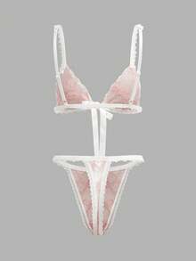 lacRébo 粉色蕾丝三角文胸，搭配缎面系带丁字裤，可爱浪漫 - 粉色 - 查看 7