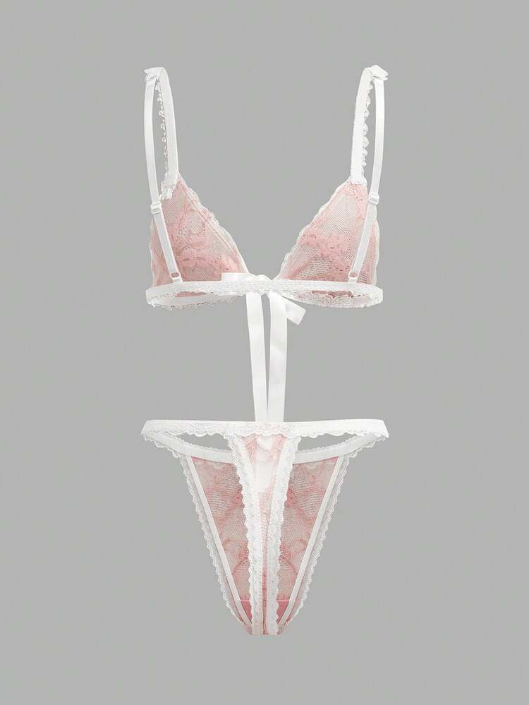 Pink Lace Triangle Bra With Satin Tie Front Matching Thong Cute Romantic  Bow Lingerie Set Intimate Lingerie Sets Lingerie For Women Set Lingerie Cute