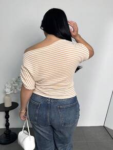 Firerie Plus Size Women Textured Striped Asymmetric Shoulder Ruched Batwing Sleeve T-Shirt Top, Blouse, Spring Summer Autumn Casual Commute Elegant Work Wear - Multicolor - View 2