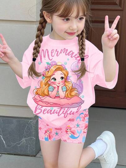 SHEIN Cute Mermaid Princess & Floral Shell Print Casual Loose Round Neck Short Sleeve T-Shirt And Skinny Bike Shorts Set, Suitable For Spring/Summer, Baby Girl Outfits, Korean Style, Kawaii, Party, Everyday, Vacation, Cottagecore, Weekend Casual, Family Outing, Photoshoot