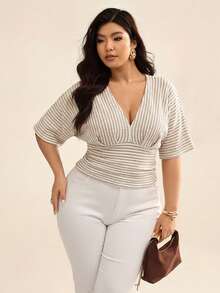 Auralis Áo thun nữ cỡ lớn kẻ sọc cổ chữ V tay ngắn kiểu cánh dơi phong cách thường ngày - Nhiều màu - Xem 4