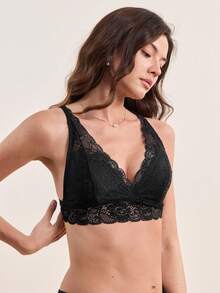 SHEIN Floral Lace Scallop Trim Bralette Lingerie - Black - View 3