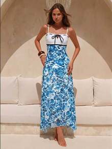 SHEIN Swim Oasis 女士蓝白碎花抹胸系带撞色褶皱性感沙滩度假泳衣套装，夏季 - 藍白色 - 查看 4