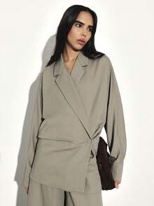 KSTM 女士轻薄裹身式西装外套，翻领设计，纽扣闭合，适合职业办公场合穿着 - 灰色 - 查看 1