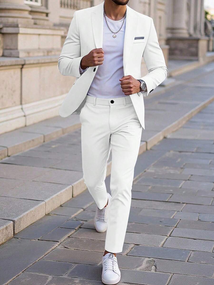 Manfinity Mode Men's Single-Breasted Notched Collar Long Sleeve Jacket And Pants Casual Commuter Suit Set - White - View 1