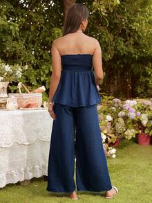 SHEIN Bộ 2 món cho bà bầu: Áo ống xếp ly màu trơn và quần ống rộng, trang phục thường ngày thoải mái. - Màu xanh hải quân - Xem 2