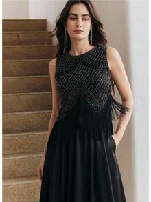 Anewsta Women's New Fashion Street Style Heavily Beaded Tassel Sleeveless Top, Suitable For Formal Occasions Beaded Top Beaded Tops Embellished Top Black Black Beaded Top Rhinestone Top Mesh Chooriyan - Black - View 1