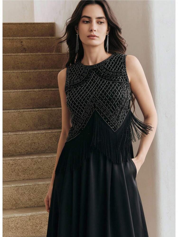 Women's New Fashion Street Style Heavily Beaded Tassel Sleeveless Top, Suitable For Formal Occasions Beaded Top Beaded Tops Embellished Top Black Black Beaded Top Rhinestone Top Mesh Chooriyan