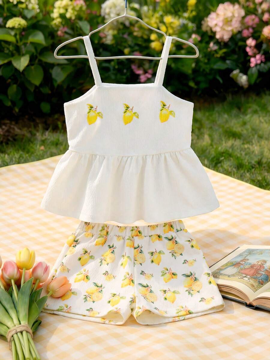 Souflis Souflis Bộ 2 món cho bé gái, kiểu dáng nghỉ hè, họa tiết quả anh đào và kẻ caro, gồm áo hai dây và quần short. - Nhiều màu - Xem 1