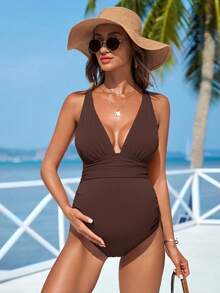 Swim Vcay 孕妇纯色深V褶皱时尚沙滩连体泳衣 女士泳衣 孕妇泳衣 全包臀泳衣 连体泳衣 沙滩装 - 棕色 - 查看 4