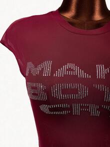 Mistrie Women's Rhinestone Letter Pattern Round Neck Cap Sleeve Fitted T-Shirt - Burgundy - View 5