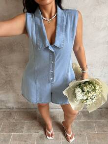 Sunnyshic Bộ áo liền quần denim wash kiểu dáng Y2K thời trang dành cho nữ cỡ lớn - Rửa nhẹ - Xem 1